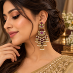 Aarvika Long Chandelier Jhumka with Stones and Pearl Beads, Magenta