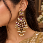 Aarvika Long Chandelier Jhumka with Stones and Pearl Beads, Magenta
