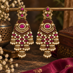 Aarvika Long Chandelier Jhumka with Stones and Pearl Beads, Pink