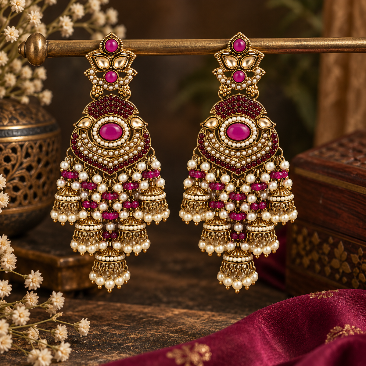 Aarvika Long Chandelier Jhumka with Stones and Pearl Beads, Pink