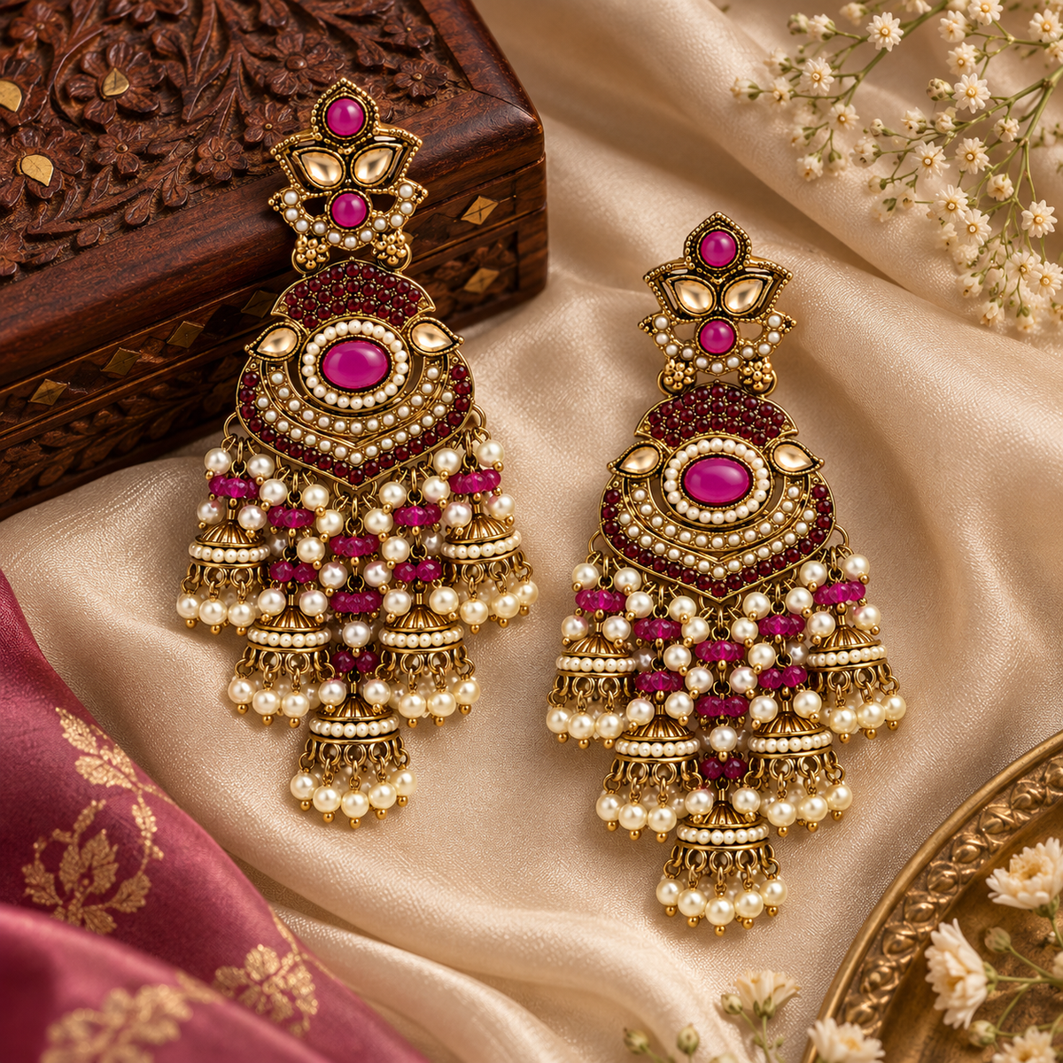 Aarvika Long Chandelier Jhumka with Stones and Pearl Beads, Pink