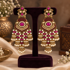 Aarvika Long Chandelier Jhumka with Stones and Pearl Beads, Pink