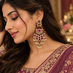 Aarvika Long Chandelier Jhumka with Stones and Pearl Beads, Pink