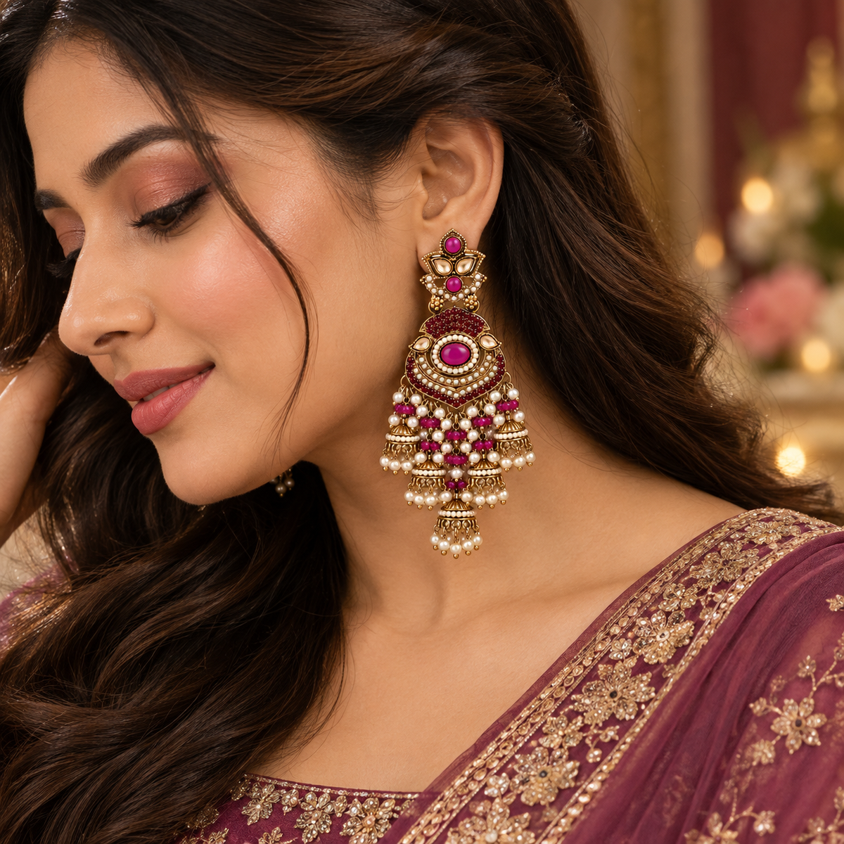 Aarvika Long Chandelier Jhumka with Stones and Pearl Beads, Pink