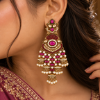 Aarvika Long Chandelier Jhumka with Stones and Pearl Beads, Pink