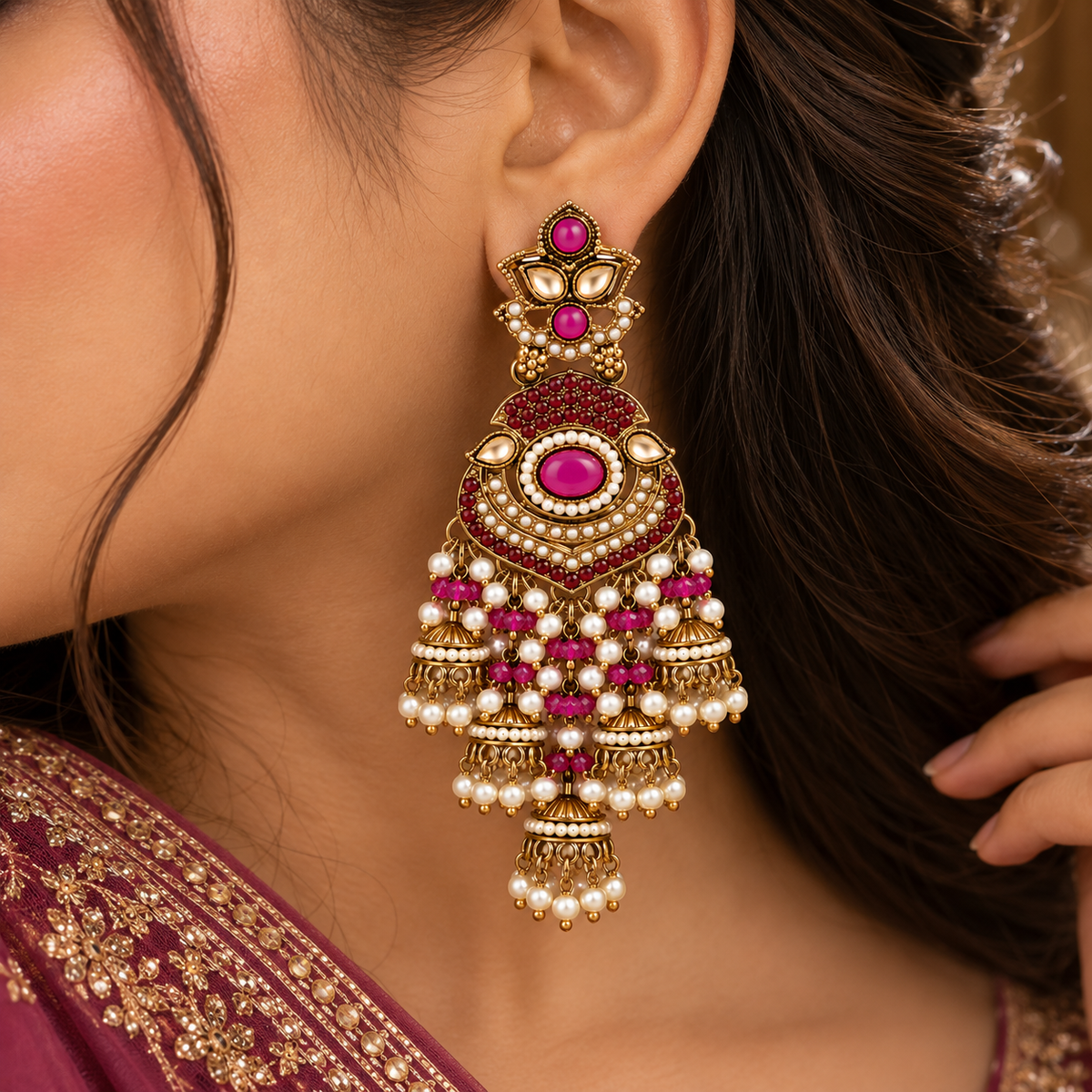 Aarvika Long Chandelier Jhumka with Stones and Pearl Beads, Pink