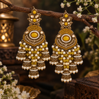 Aarvika Long Chandelier Jhumka with Stones and Pearl Beads, Yellow