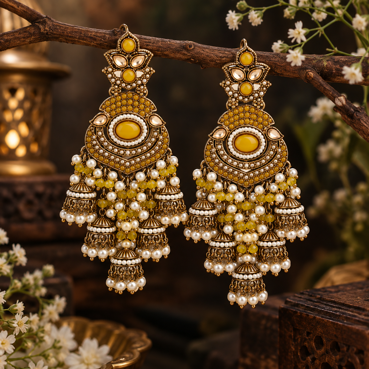 Aarvika Long Chandelier Jhumka with Stones and Pearl Beads, Yellow