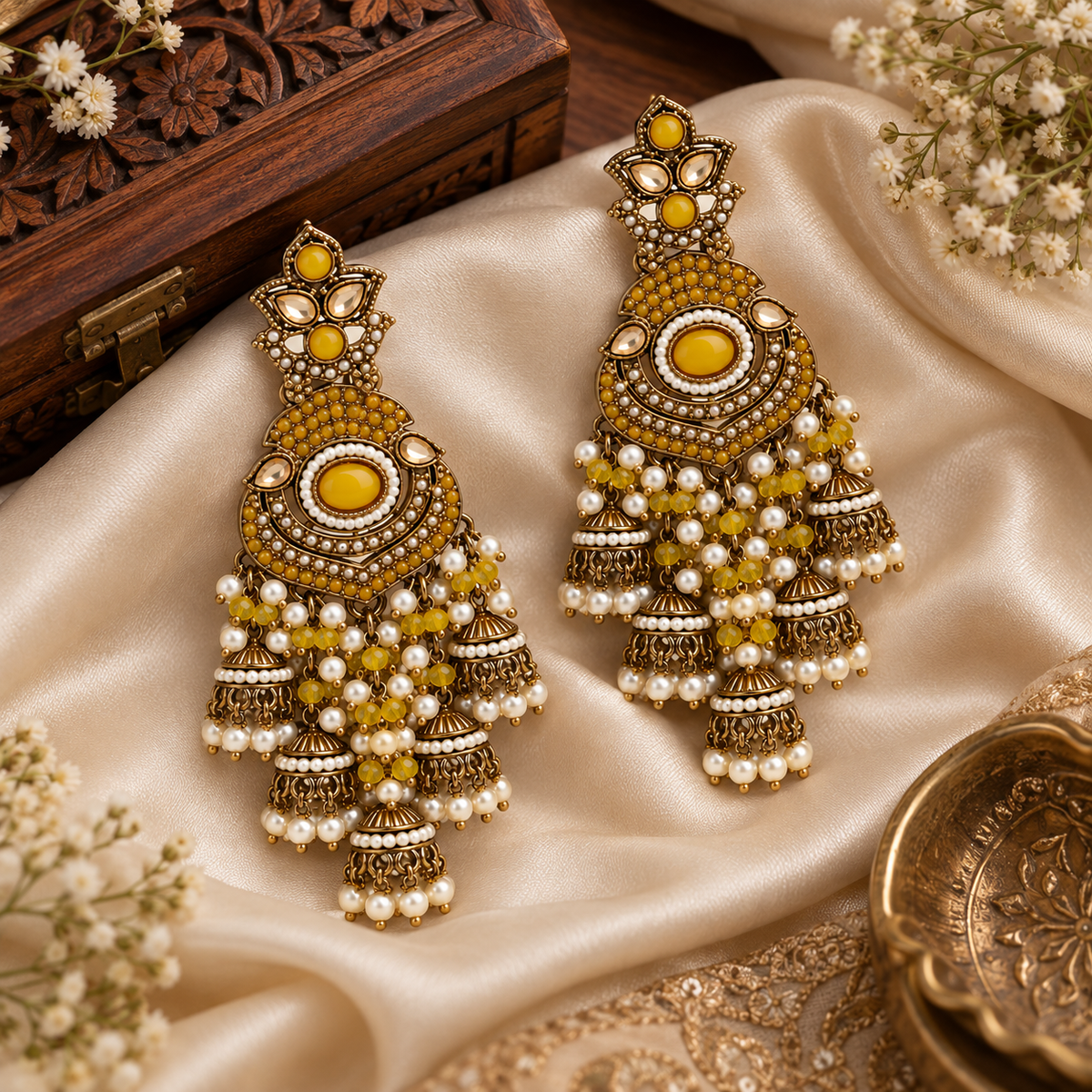Aarvika Long Chandelier Jhumka with Stones and Pearl Beads, Yellow