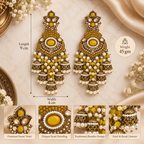 Aarvika Long Chandelier Jhumka with Stones and Pearl Beads, Yellow
