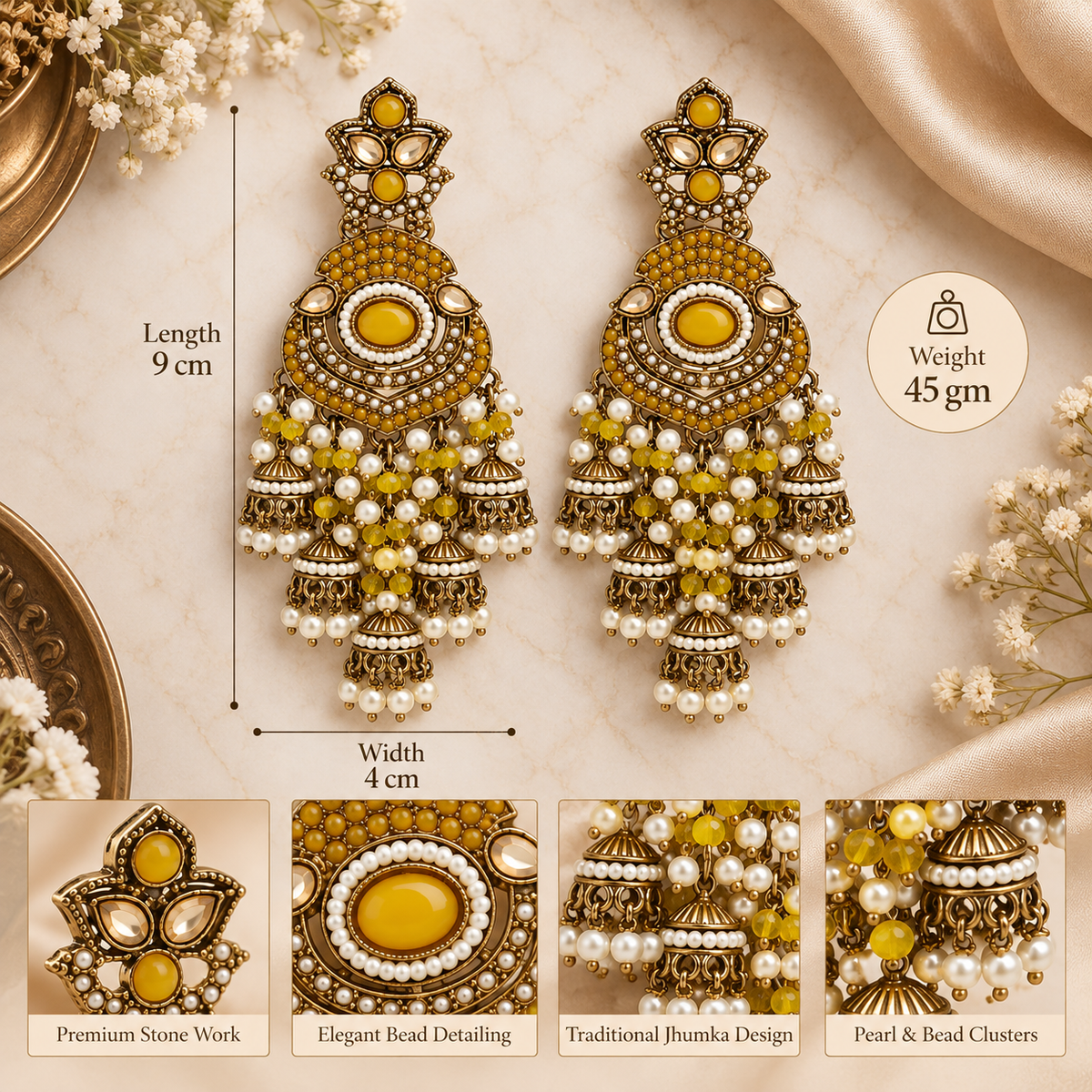 Aarvika Long Chandelier Jhumka with Stones and Pearl Beads, Yellow