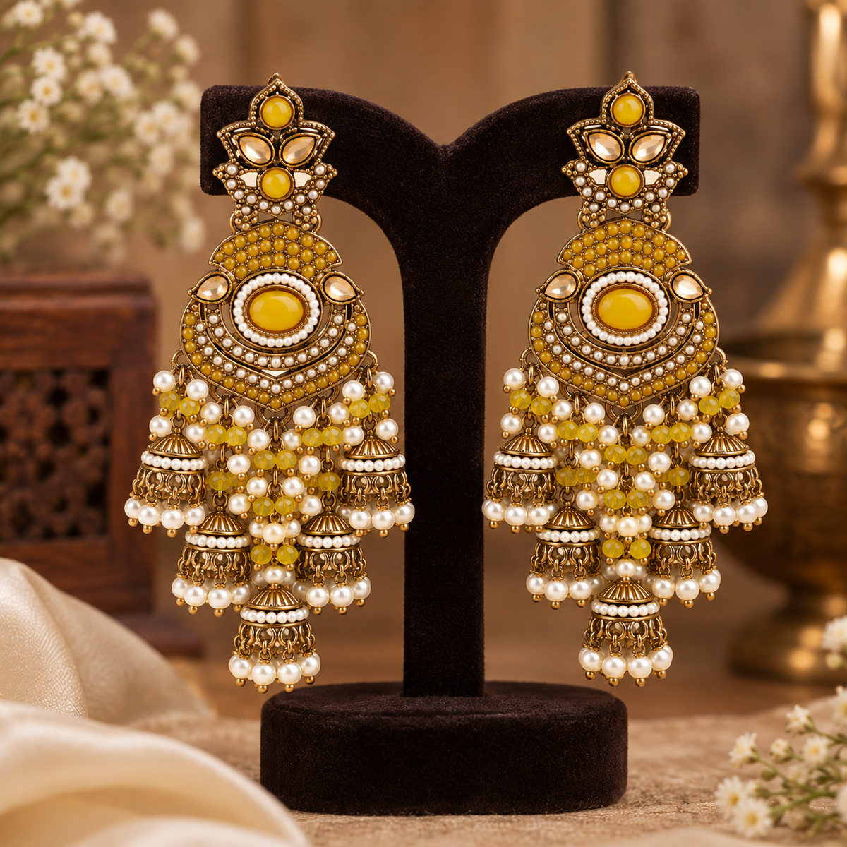 Aarvika Long Chandelier Jhumka with Stones and Pearl Beads, Yellow