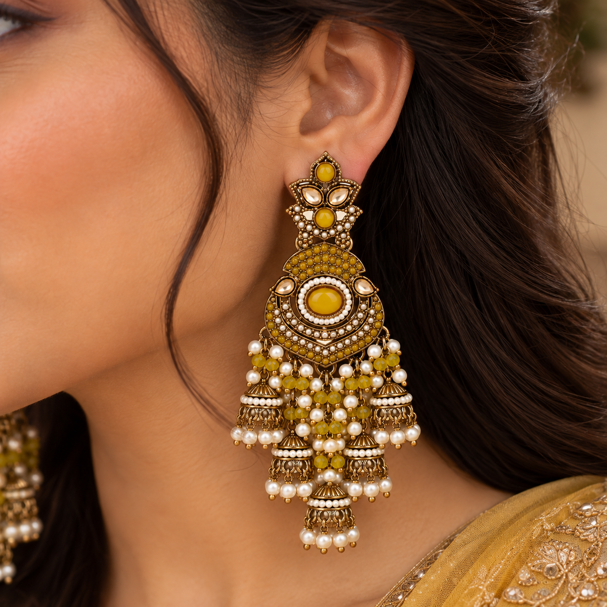 Aarvika Long Chandelier Jhumka with Stones and Pearl Beads, Yellow