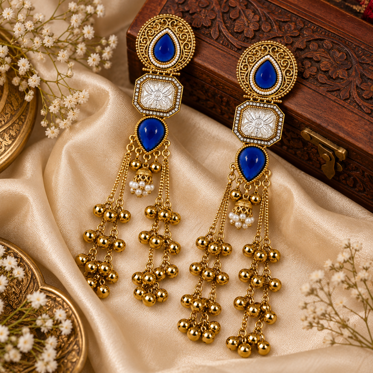 Aarvika Kashmiri Kundan Long Dangler Earrings, Blue