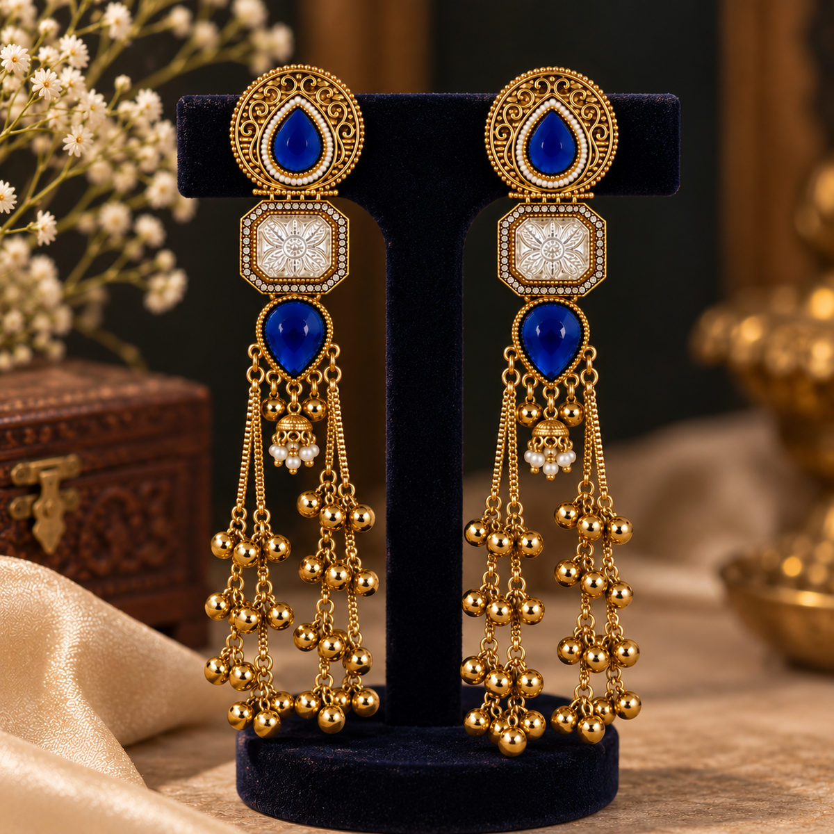 Aarvika Kashmiri Kundan Long Dangler Earrings, Blue