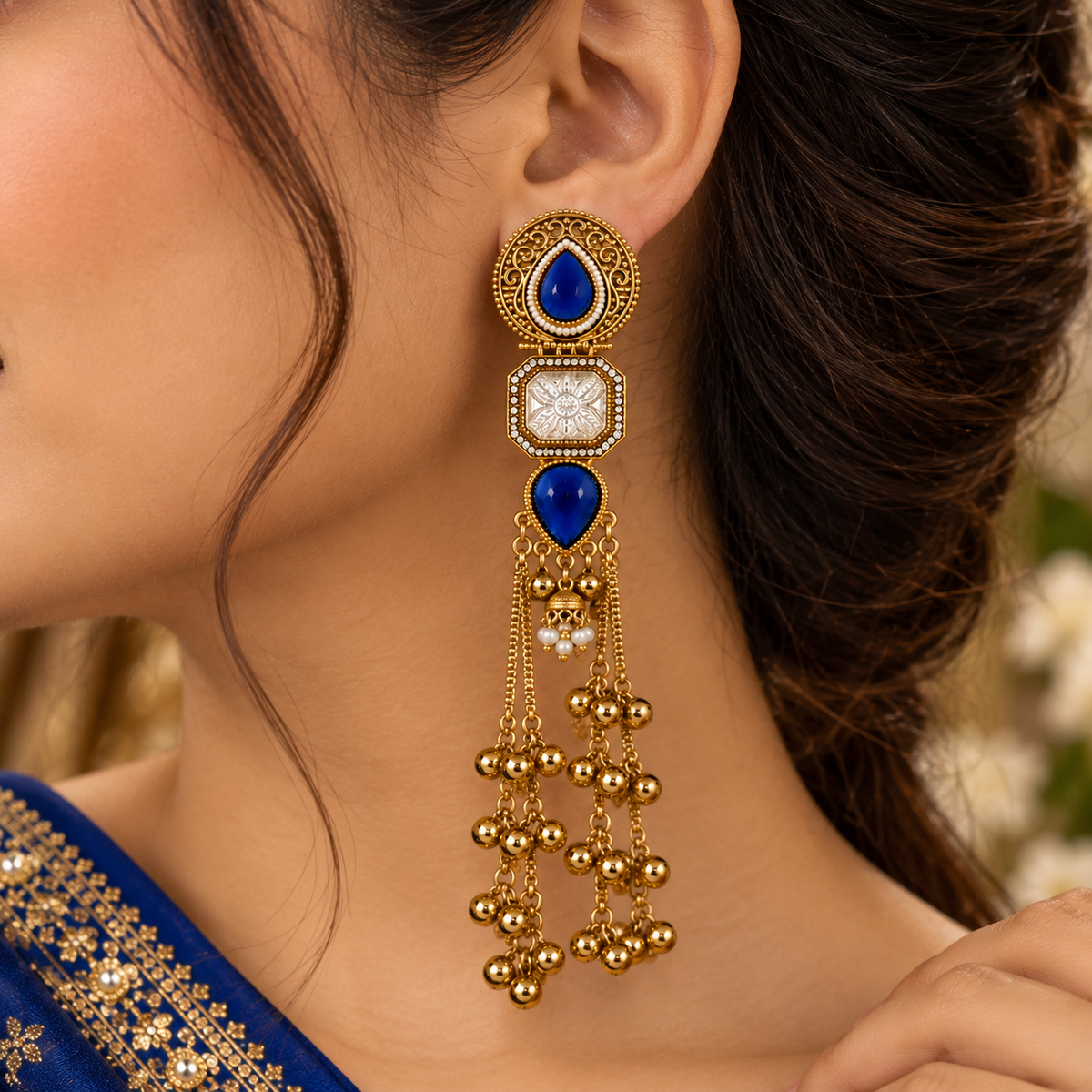 Aarvika Kashmiri Kundan Long Dangler Earrings, Blue