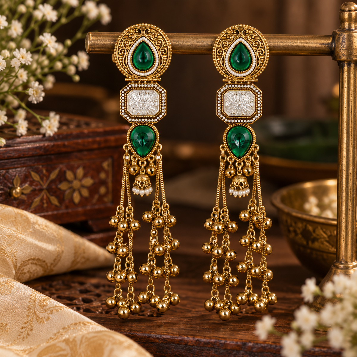 Aarvika Kashmiri Kundan Long Dangler Earrings, Green