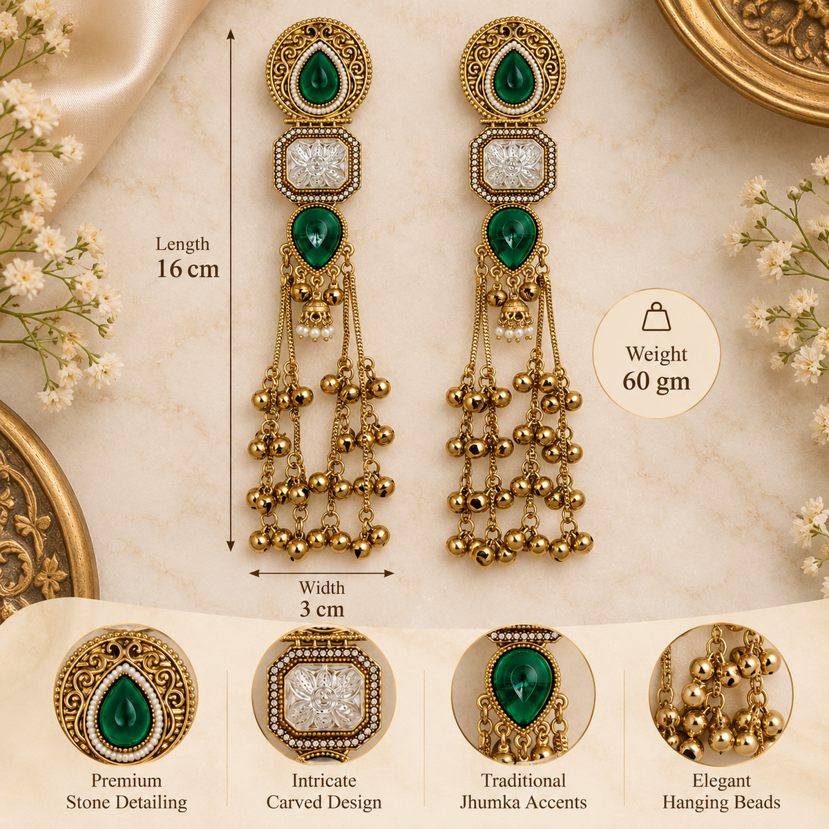 Aarvika Kashmiri Kundan Long Dangler Earrings, Green