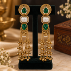 Aarvika Kashmiri Kundan Long Dangler Earrings, Green