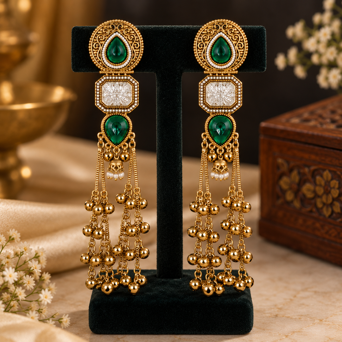 Aarvika Kashmiri Kundan Long Dangler Earrings, Green