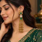 Aarvika Kashmiri Kundan Long Dangler Earrings, Green