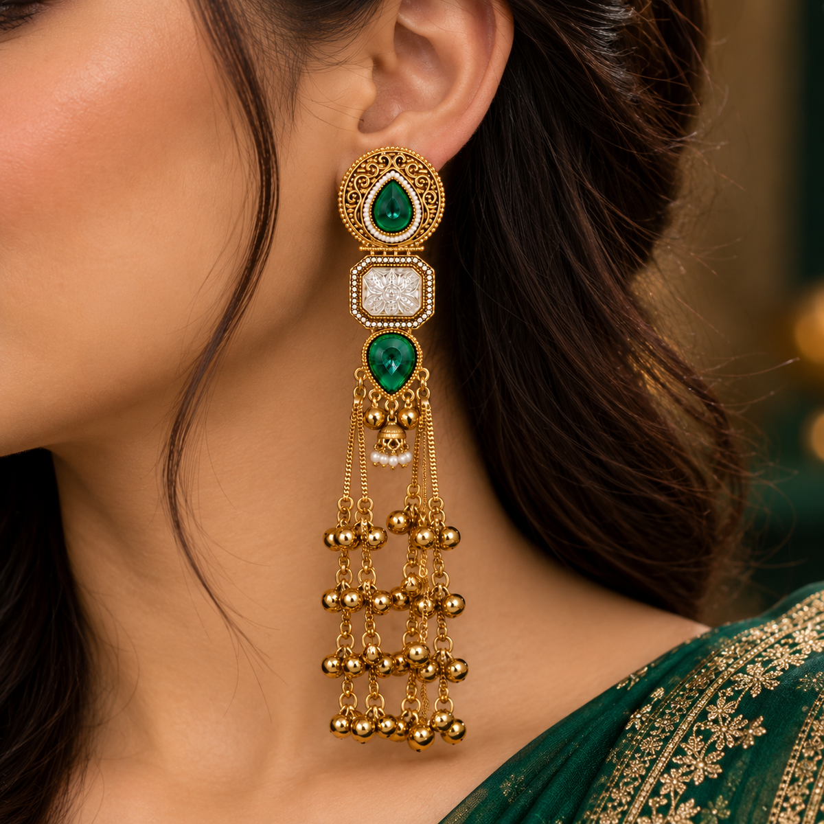 Aarvika Kashmiri Kundan Long Dangler Earrings, Green