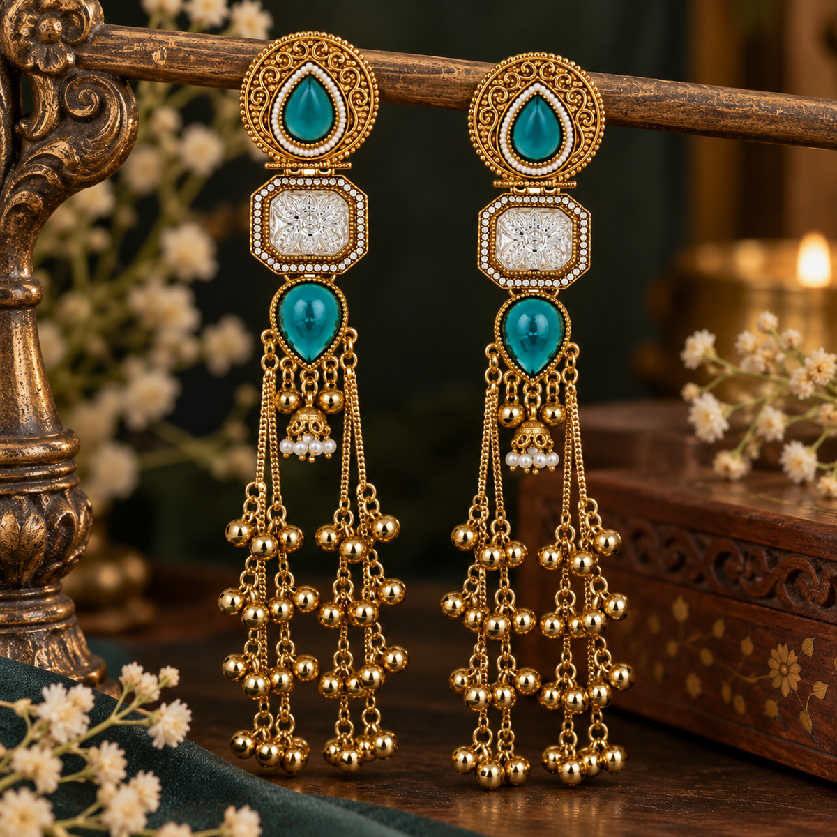Aarvika Kashmiri Kundan Long Dangler Earrings, Turquoise