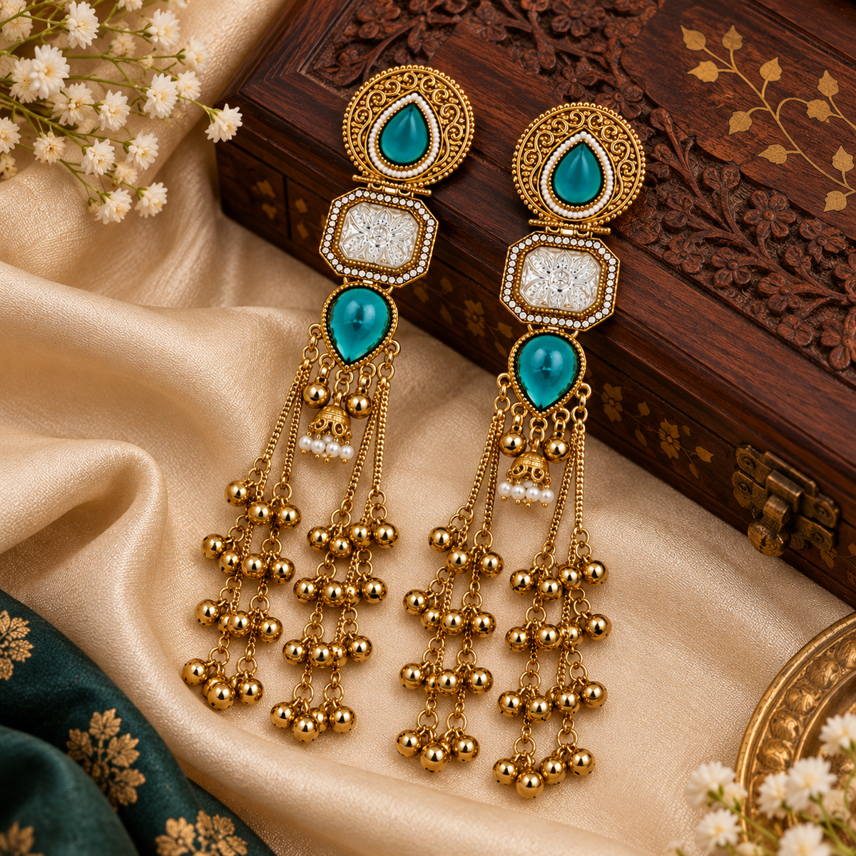 Aarvika Kashmiri Kundan Long Dangler Earrings, Turquoise
