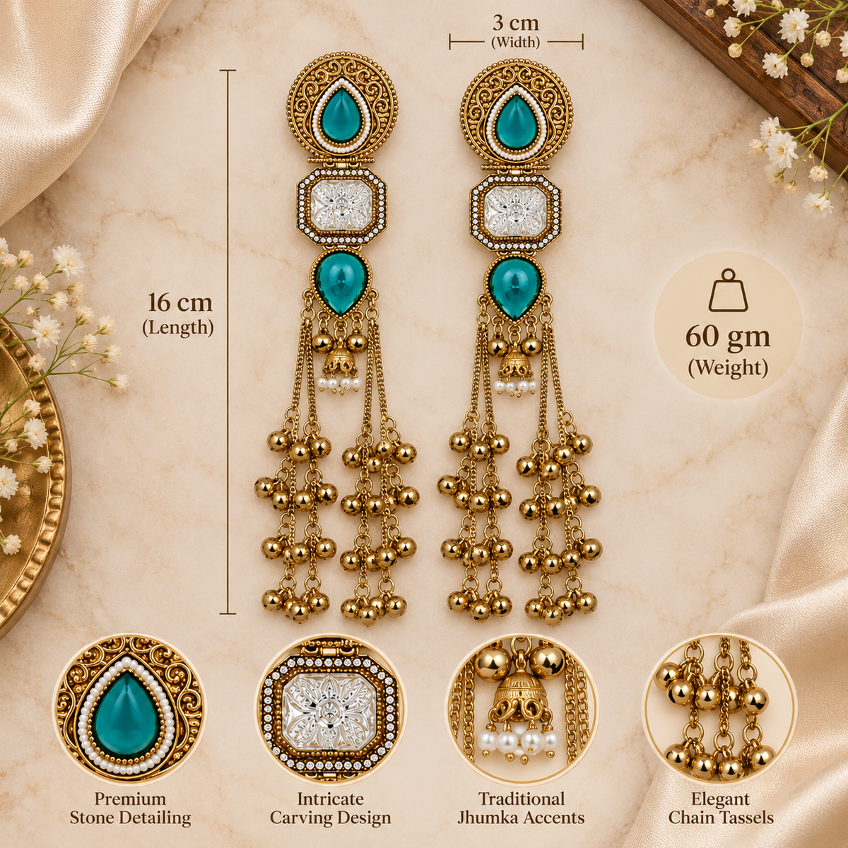 Aarvika Kashmiri Kundan Long Dangler Earrings, Turquoise