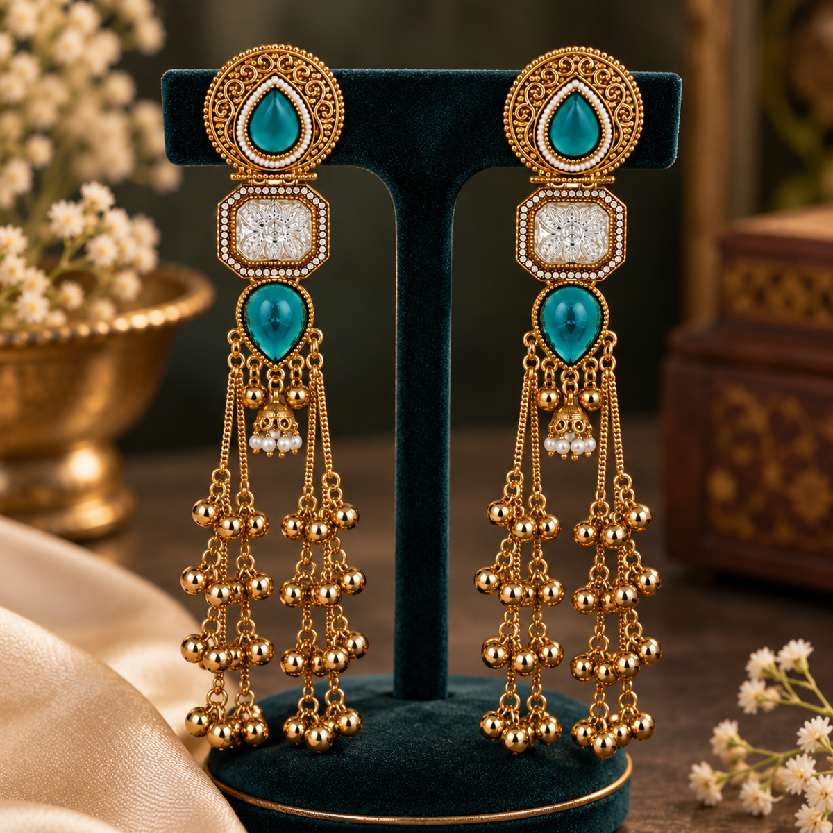 Aarvika Kashmiri Kundan Long Dangler Earrings, Turquoise