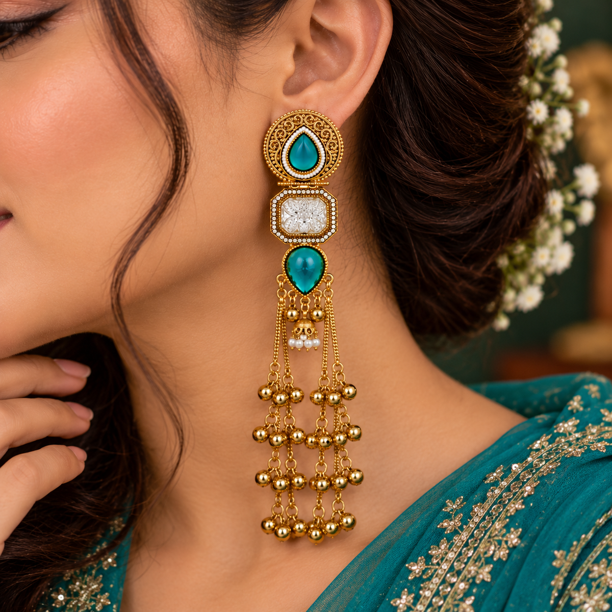 Aarvika Kashmiri Kundan Long Dangler Earrings, Turquoise