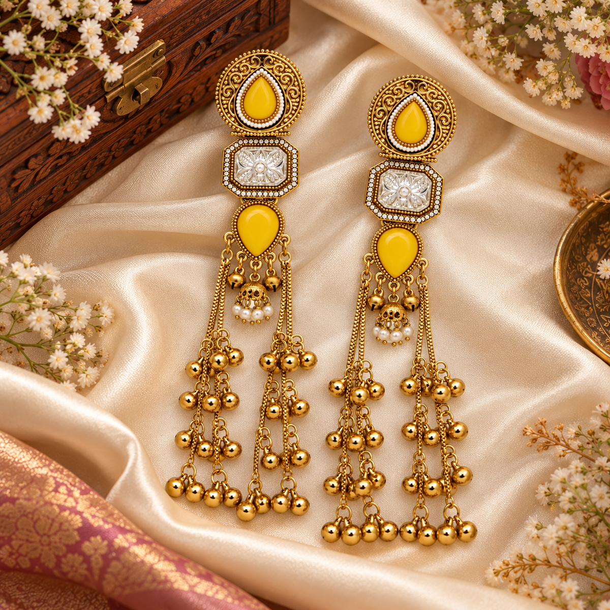 Aarvika Kashmiri Kundan Long Dangler Earrings, Yellow
