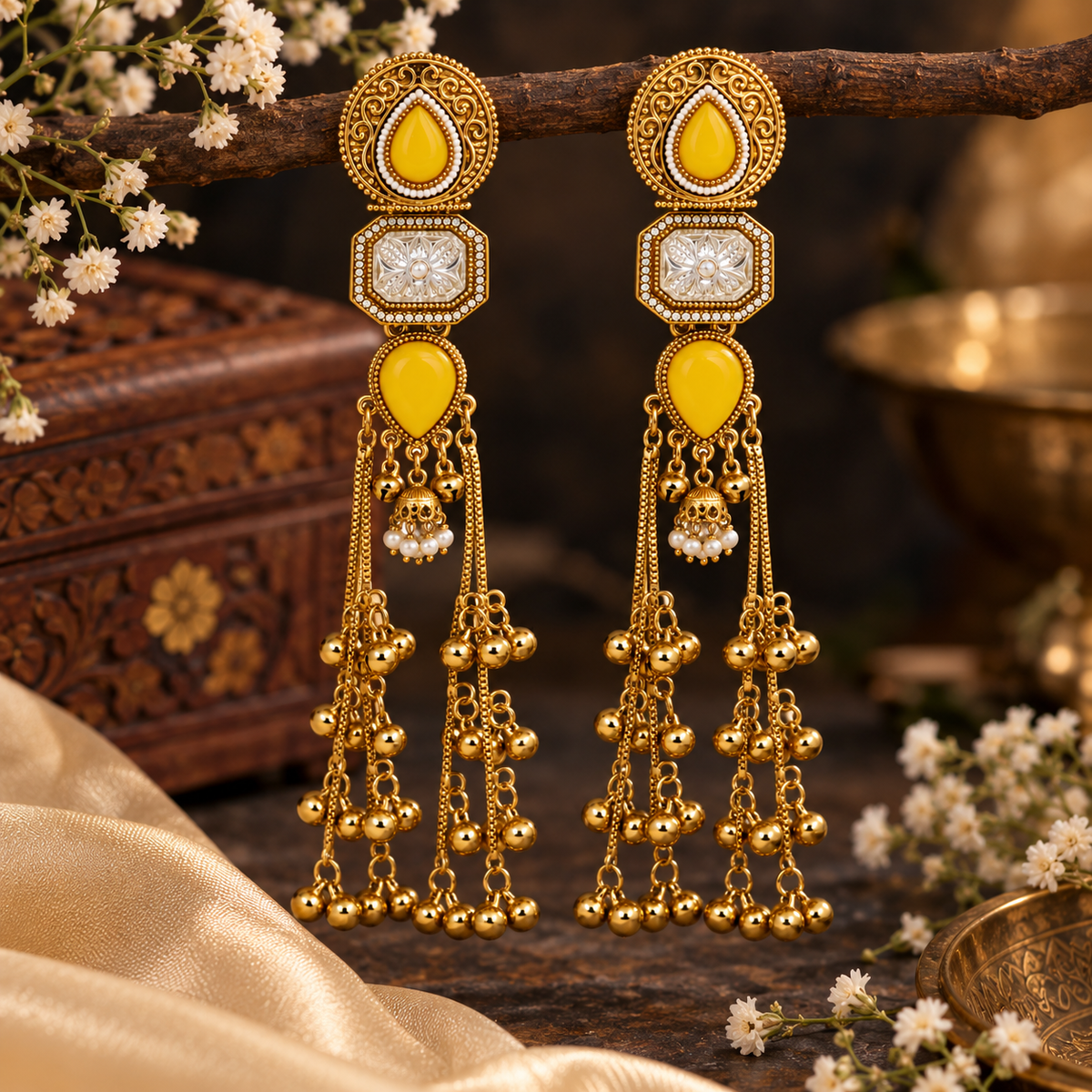 Aarvika Kashmiri Kundan Long Dangler Earrings, Yellow