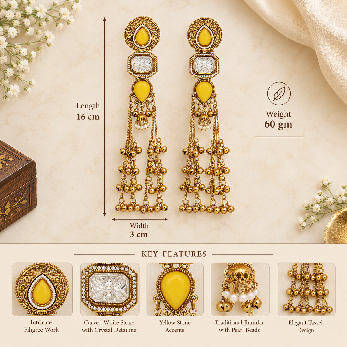 Aarvika Kashmiri Kundan Long Dangler Earrings, Yellow