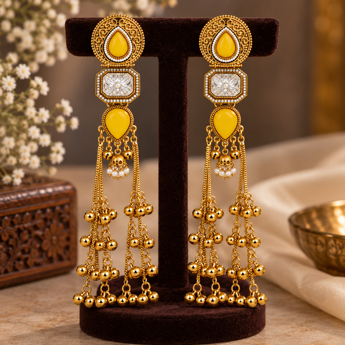 Aarvika Kashmiri Kundan Long Dangler Earrings, Yellow