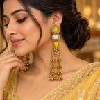 Aarvika Kashmiri Kundan Long Dangler Earrings, Yellow