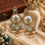 Aarvika Antique Gold Tone Drop Earrings with Pearl Danglers, Aqua