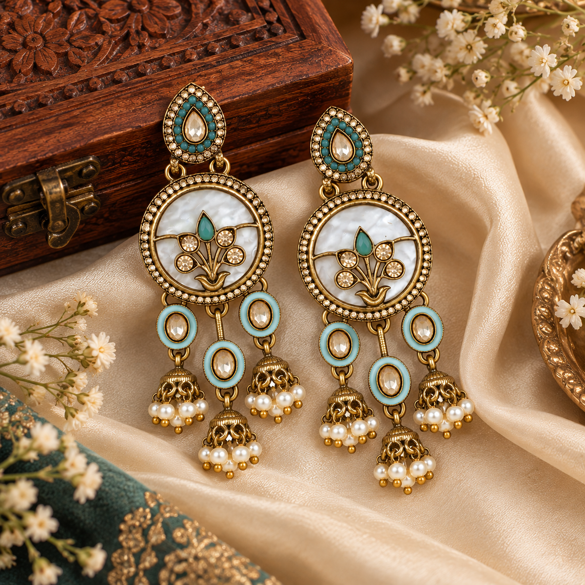 Aarvika Antique Gold Tone Drop Earrings with Pearl Danglers, Aqua