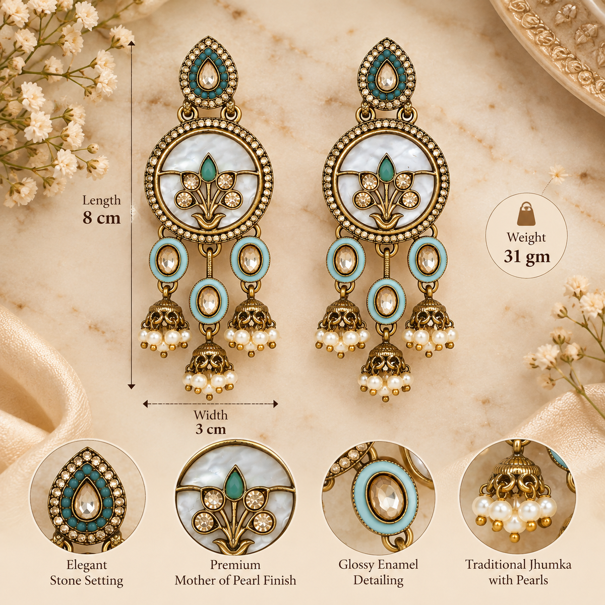 Aarvika Antique Gold Tone Drop Earrings with Pearl Danglers, Aqua