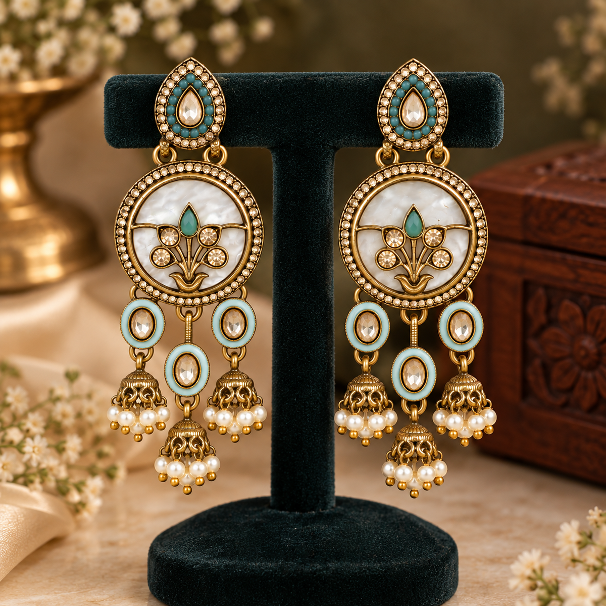 Aarvika Antique Gold Tone Drop Earrings with Pearl Danglers, Aqua