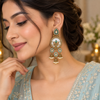Aarvika Antique Gold Tone Drop Earrings with Pearl Danglers, Aqua