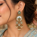 Aarvika Antique Gold Tone Drop Earrings with Pearl Danglers, Aqua