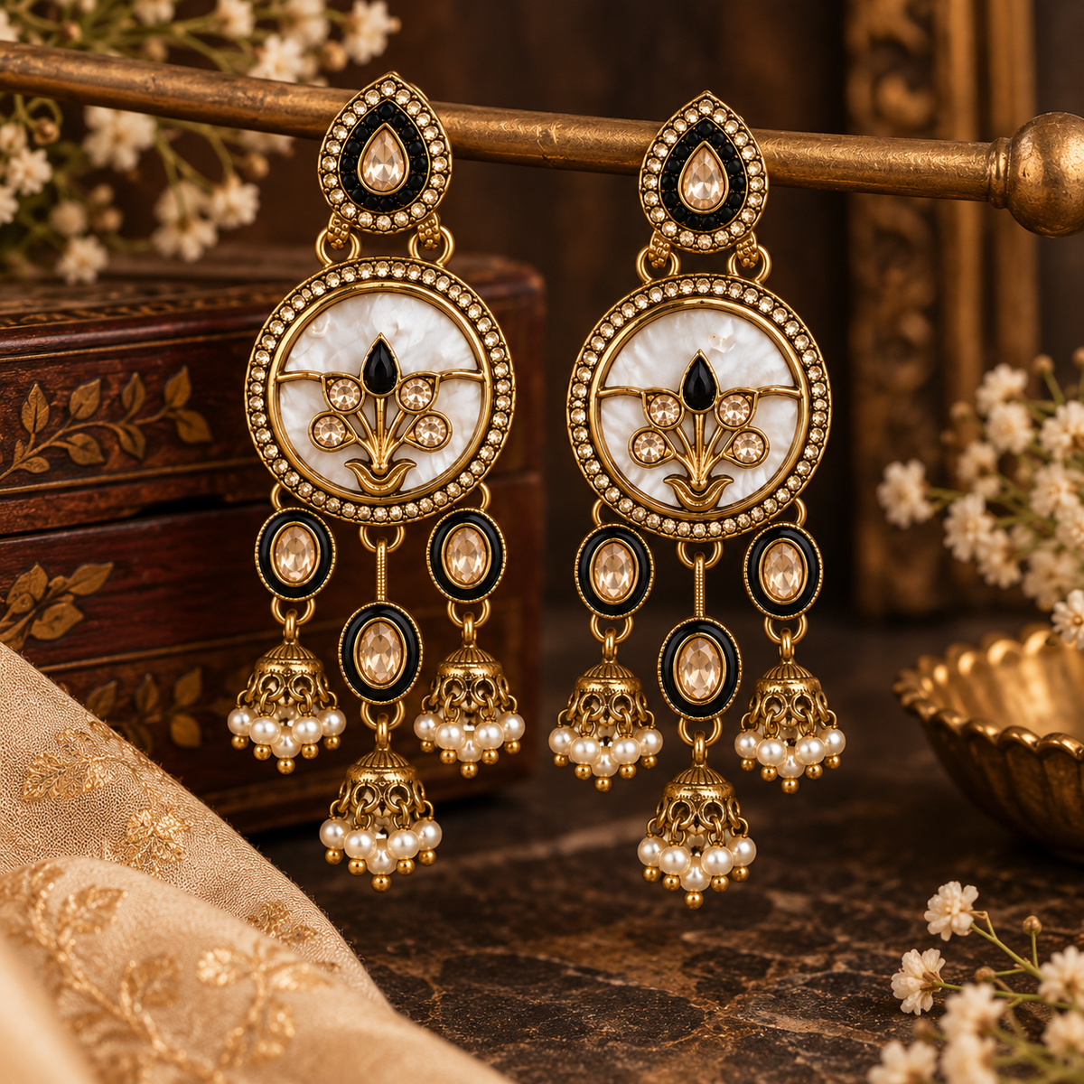 Aarvika Antique Gold Tone Drop Earrings with Pearl Danglers, Black
