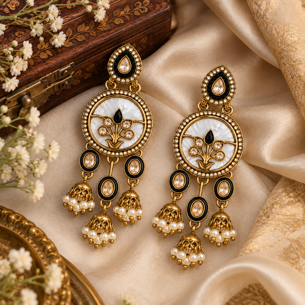 Aarvika Antique Gold Tone Drop Earrings with Pearl Danglers, Black
