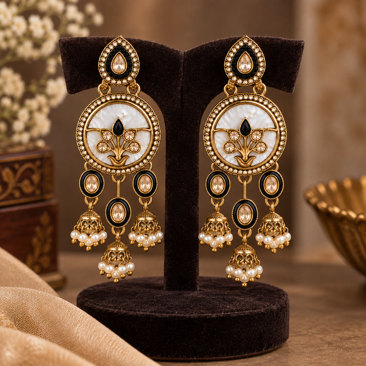 Aarvika Antique Gold Tone Drop Earrings with Pearl Danglers, Black