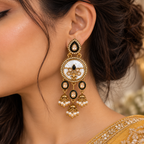 Aarvika Antique Gold Tone Drop Earrings with Pearl Danglers, Black