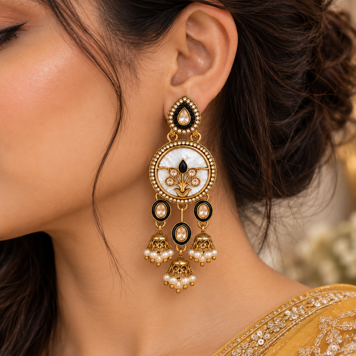 Aarvika Antique Gold Tone Drop Earrings with Pearl Danglers, Black