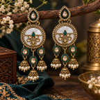 Aarvika Antique Gold Tone Drop Earrings with Pearl Danglers, Green