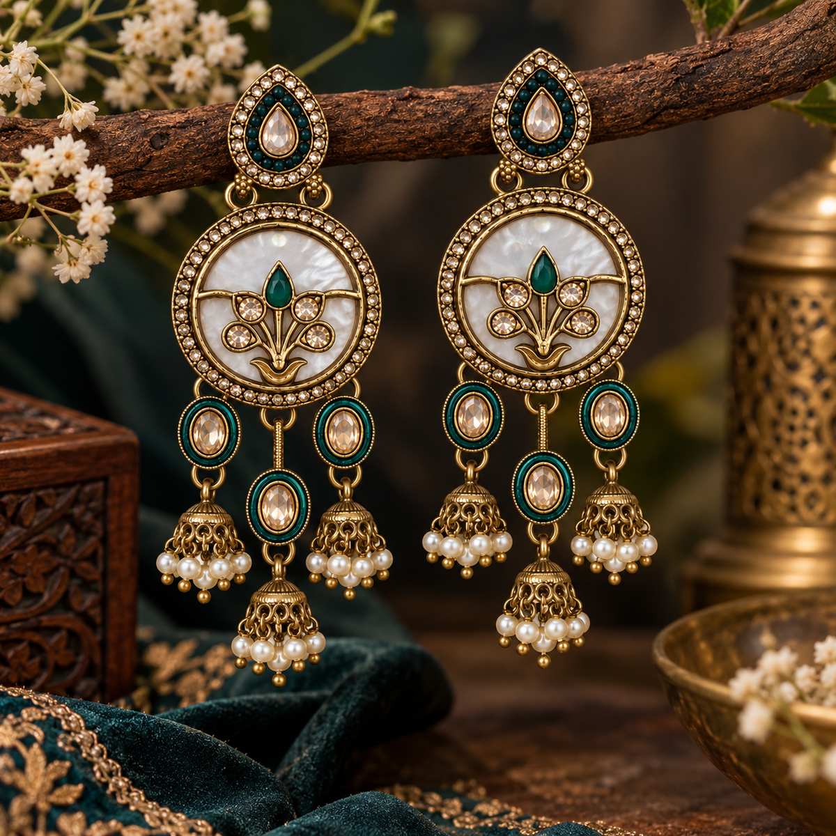 Aarvika Antique Gold Tone Drop Earrings with Pearl Danglers, Green