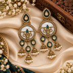 Aarvika Antique Gold Tone Drop Earrings with Pearl Danglers, Green